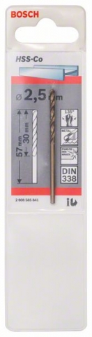    HSS-Co , DIN 338 2,5 x 30 x 57 mm
