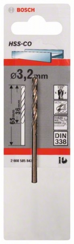   HSS-Co , DIN 338 3,2 x 36 x 65 mm