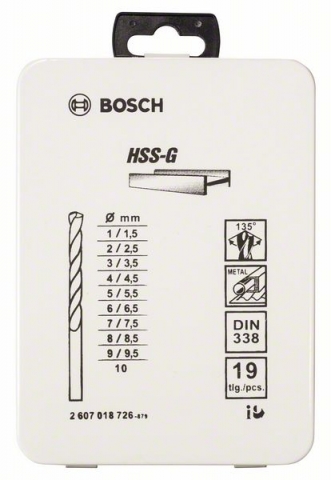 Набор из 19 сверл по металлу HSS-G, DIN 338, 135° в металлической кассете, 1–10 мм 1-10 mm, 135°