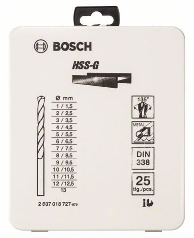Набор из 25 сверл по металлу HSS-G, DIN 338, 135° в металлической кассете, 1–13 мм 1-13 mm, 135°